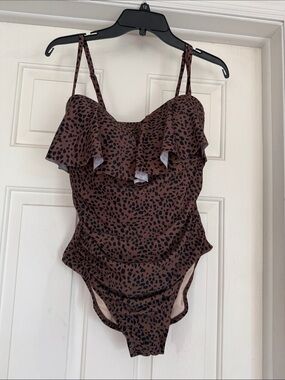 Kona Sol Brown One-Piece Swimsuit with Black Spot Print NWT!